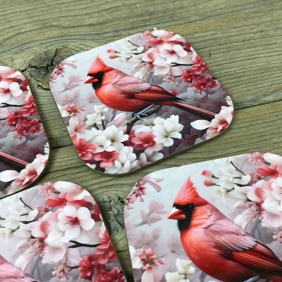 Male Cardinal and Flowers Set of 4 Coasters - Picture 4 of 7